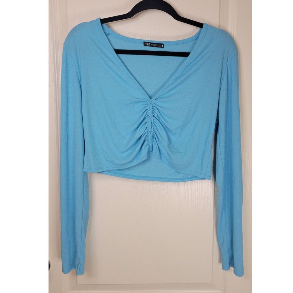 Zara Blue Ribbed Knit Ruched Button Cardigan Crop Top Shirt